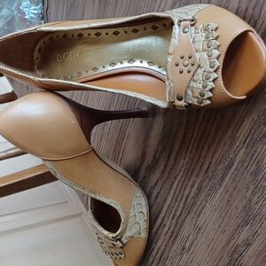BCBGirls tan and brown peep toe heel with design on toe, 4" heel